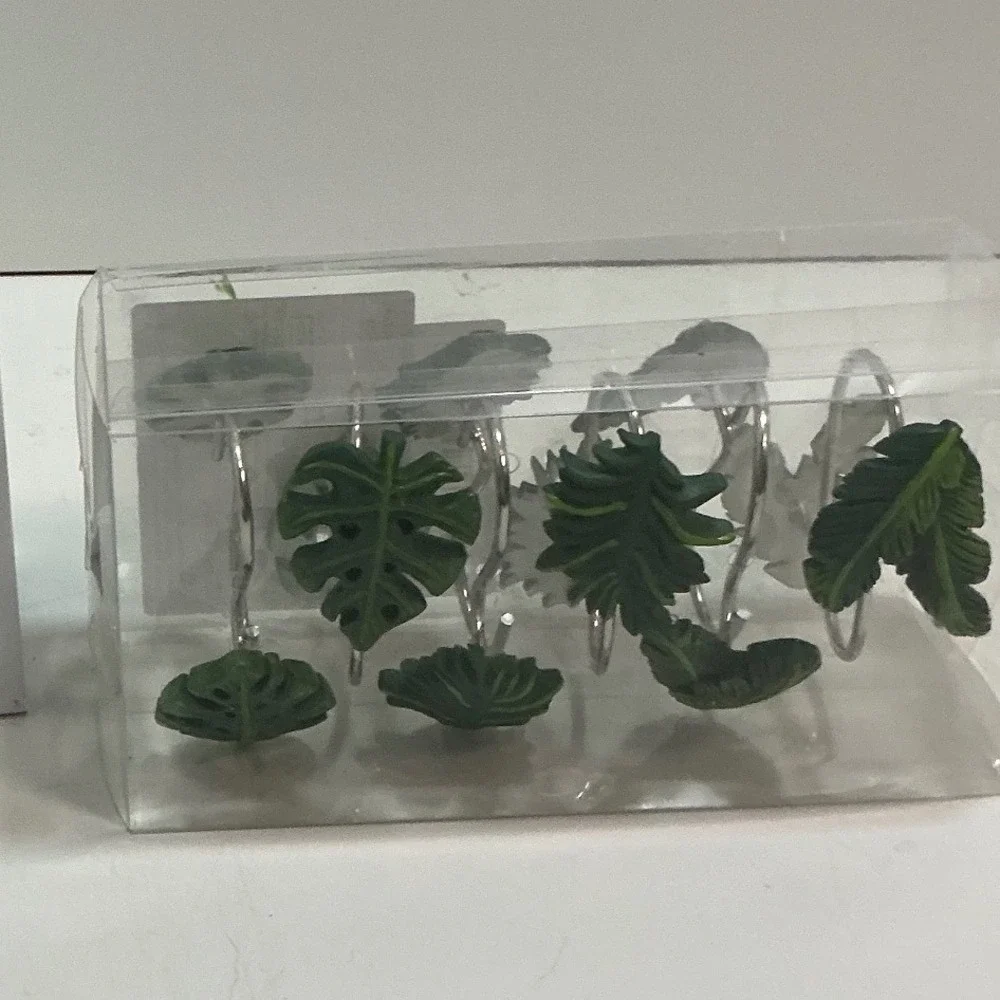 Tropical Green Leaf Shower Curtain Hooks Set of 12 Monstera Palm Foliage Decor